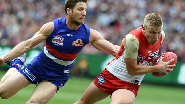 2016 AFL Grand Final match between the Western Bulldogs and the Sydney Swans at the Melbourne Cricket Ground (MCG), Melbourne, Australia on October 1, 2016 .Western Bulldogs Matthew Boyd and Sydney's Dan HanneberyPicture: Nicole Garmston