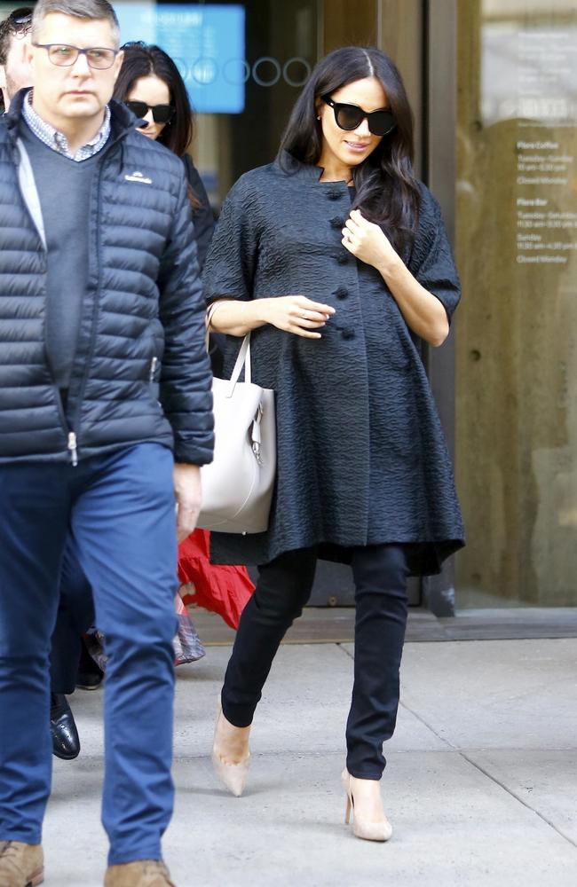 Meghan Markle is see leaving the Met Breuer Museum ahead of her baby shower in New York. Picture: BackGrid 