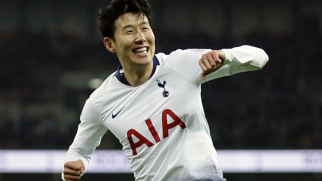 Tottenham's Heung-Min Son celebrates after scoring his side's fifth goal during the English Premier League soccer match between Tottenham Hotspur and Bournemouth at Wembley stadium in London, Wednesday, Dec. 26, 2018. (AP Photo/Tim Ireland)