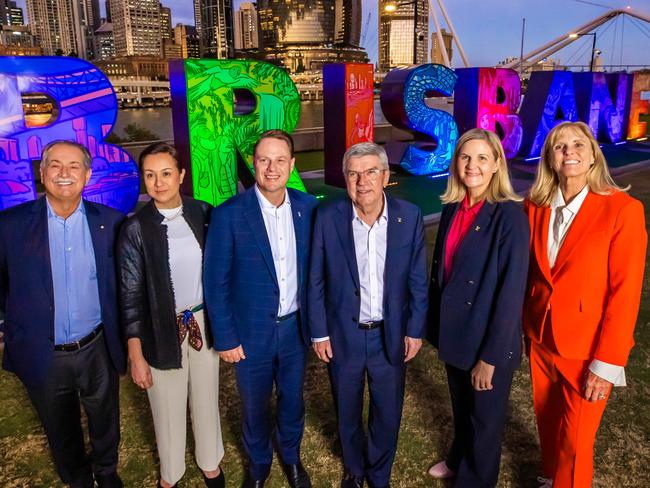 The Brisbane 2032 Coordination Commission, Brisbane 2032 President Andrew Liveris,   Mikaela Cojuangco Jaworski Brisbane 2032 IOC Coordination Chair,  Brisbane Lord Mayor Adrian Schrinner,  IOC President Thomas Bach, IOC President Elect Kirsty Coventry and  Brisbane 2032  CEO Cindy Hook tour the newly refreshed Brisbane sign at Southbank., Picture: Nigel Hallett
