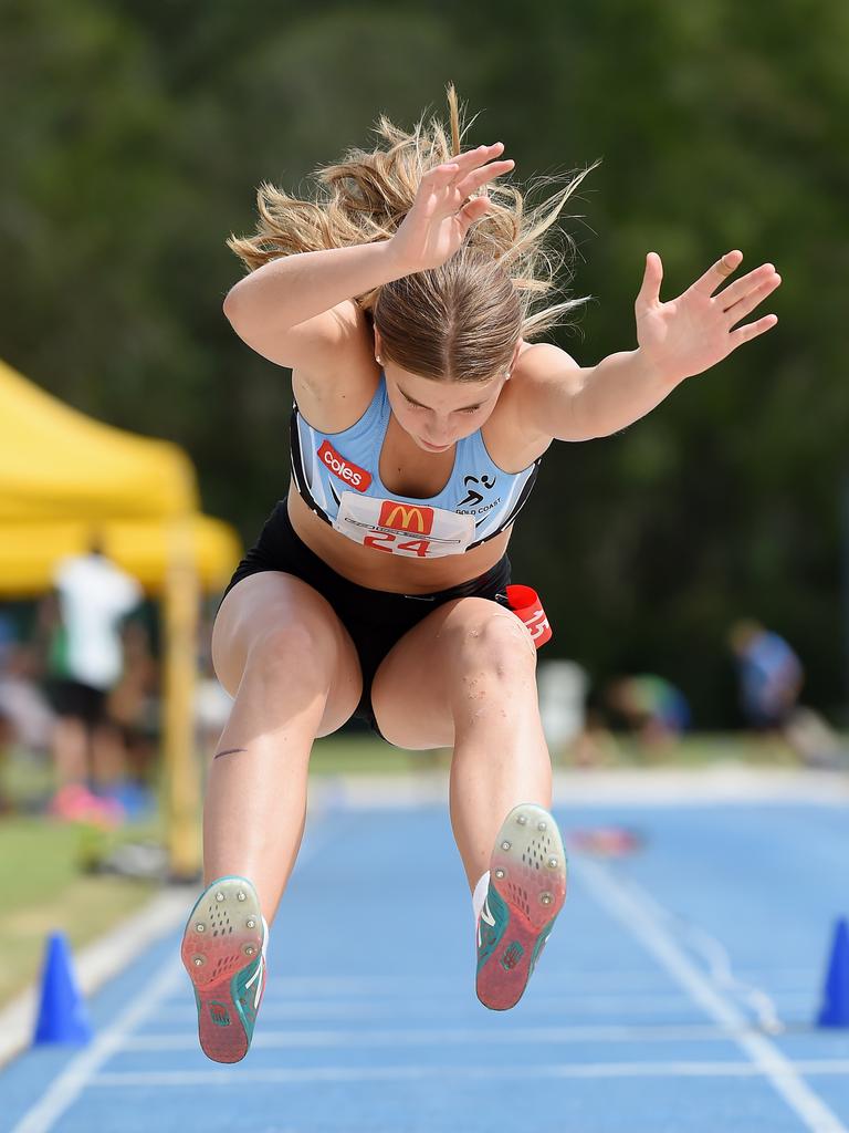 South Coast Little Athletics Titles at Pizzey Park in Miami. Girls U15 triple jump contestants. Sianie Brennan Gold Coast Lac. Picture: Lawrence Pinder