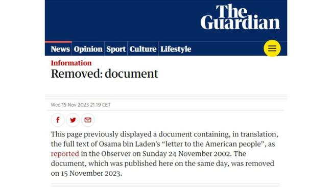 The British newspaper the Guardian unpublished its copy of the bin Laden letter, posted in 2002, because it was being “widely shared on social media without the full context.”