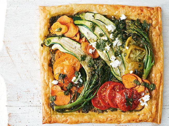 Savour it. Mixed vegetable tart with feta and pesto.