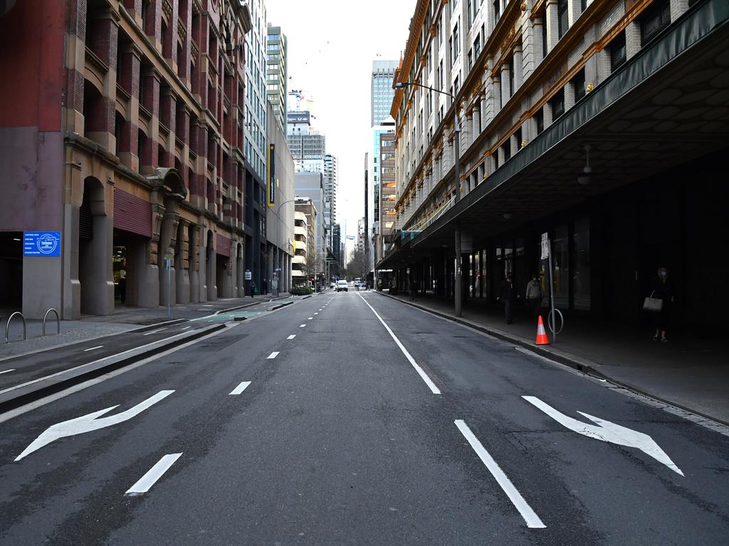 Streets, hospitality and retail areas of the CBD are all but empty during the third week of this COVID-19 lockdown. Picture: NCA NewsWire/Joel Carrett