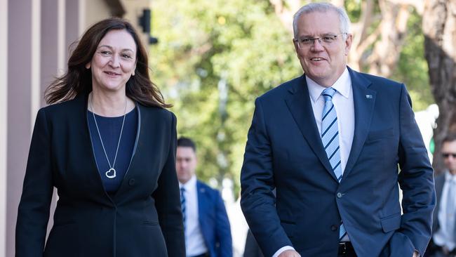 Prime Minister Scott Morrison with the Liberal candidate for Parramatta, Maria Kovacic. Picture: Jason Edwards