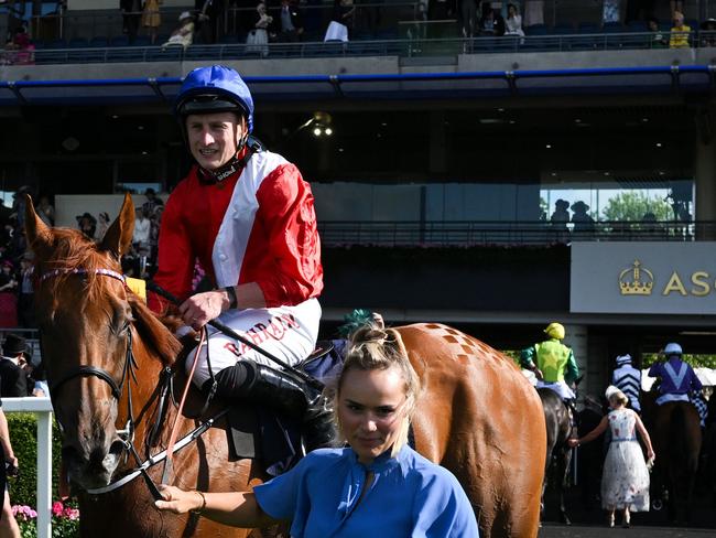 British jockey Tom Marquand riding Unequal Love celebrates after winning Wokingham Stakes race on the fifth day of the Royal Ascot horse racing meeting. Picture: AFP