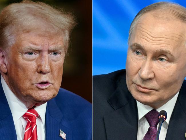 (FILES)  This combination of pictures created on November 7, 2024 shows former US President and Republican presidential candidate Donald Trump at a Fox News Town Hall in Cumming, Georgia, on October 15, 2024, and Russia's President Vladimir Putin speaking during the BRICS summit in Kazan on October 24, 2024. Trump has spoken to Putin and urged him not to escalate the war in Ukraine, the Washington Post reported on November 10, 2024. Trump spoke with Putin from his Mar-a-Lago estate in Florida on November 7, just days after his stunning election victory over Democratic rival Kamala Harris, the report said. (Photo by Elijah Nouvelage and Alexander NEMENOV / AFP)