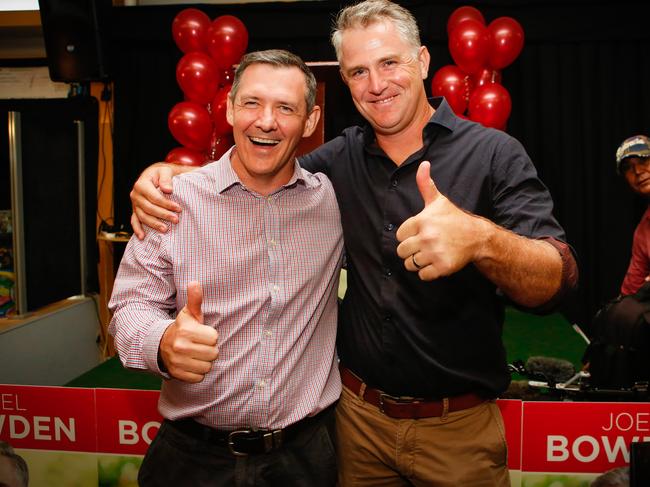 Chief Minister Michael Guner and  NT Labors Joel Bowden wins the seat of Johnston. Picture GLENN CAMPBELL