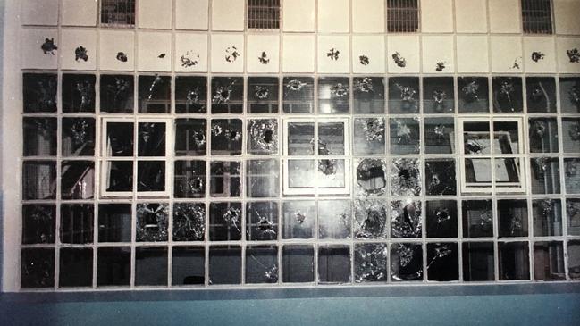 Bullet holes seen inside the prison after the riot.