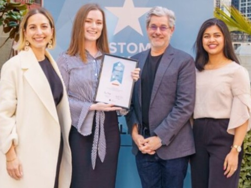 Reject Shop digital marketing manager Annabelle Navarrete (left), marketing co-ordinator Katie Clark (middle), chief customer officer Andrew Stein (middle) and digital marketing co-ordinator Shani Kumar (right) celebrate the discount retailer’s 11th straight award as Discount Variety Store of the Year. Picture: Supplied