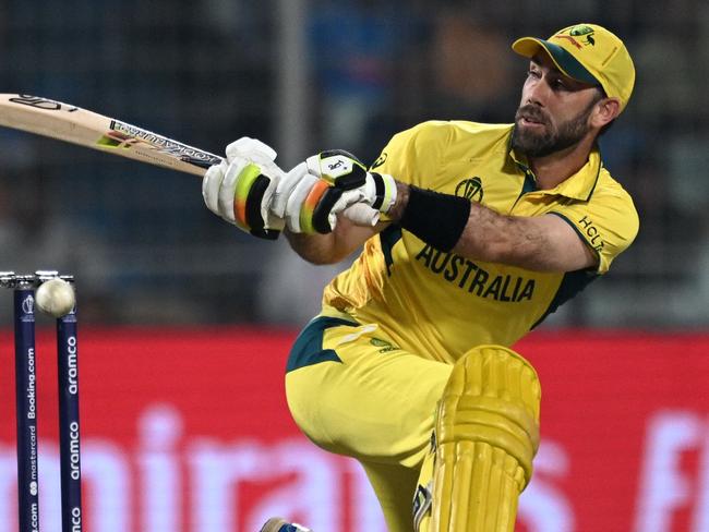 Australia's Glenn Maxwell plays a shot during the 2023 ICC Men's Cricket World Cup one-day international (ODI) second semi-final match between Australia and South Africa at the Eden Gardens in Kolkata on November 16, 2023. (Photo by Arun SANKAR / AFP) / -- IMAGE RESTRICTED TO EDITORIAL USE - STRICTLY NO COMMERCIAL USE --
