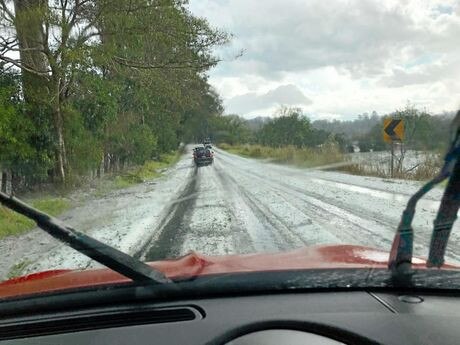 Eumundi Kenilworth Rd, on the way to Old Ceylon Rd, was covered in hail which resembled snow during Monday afternoon's storms. Picture: Holly Holford