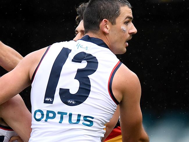 BRISBANE, AUSTRALIA - JUNE 28: Chayce Jones of the Crows celebrates kicking a goal during the round 4 AFL match between the Brisbane Lions and the Adelaide Crows at The Gabba on June 28, 2020 in Brisbane, Australia. (Photo by Bradley Kanaris/Getty Images)