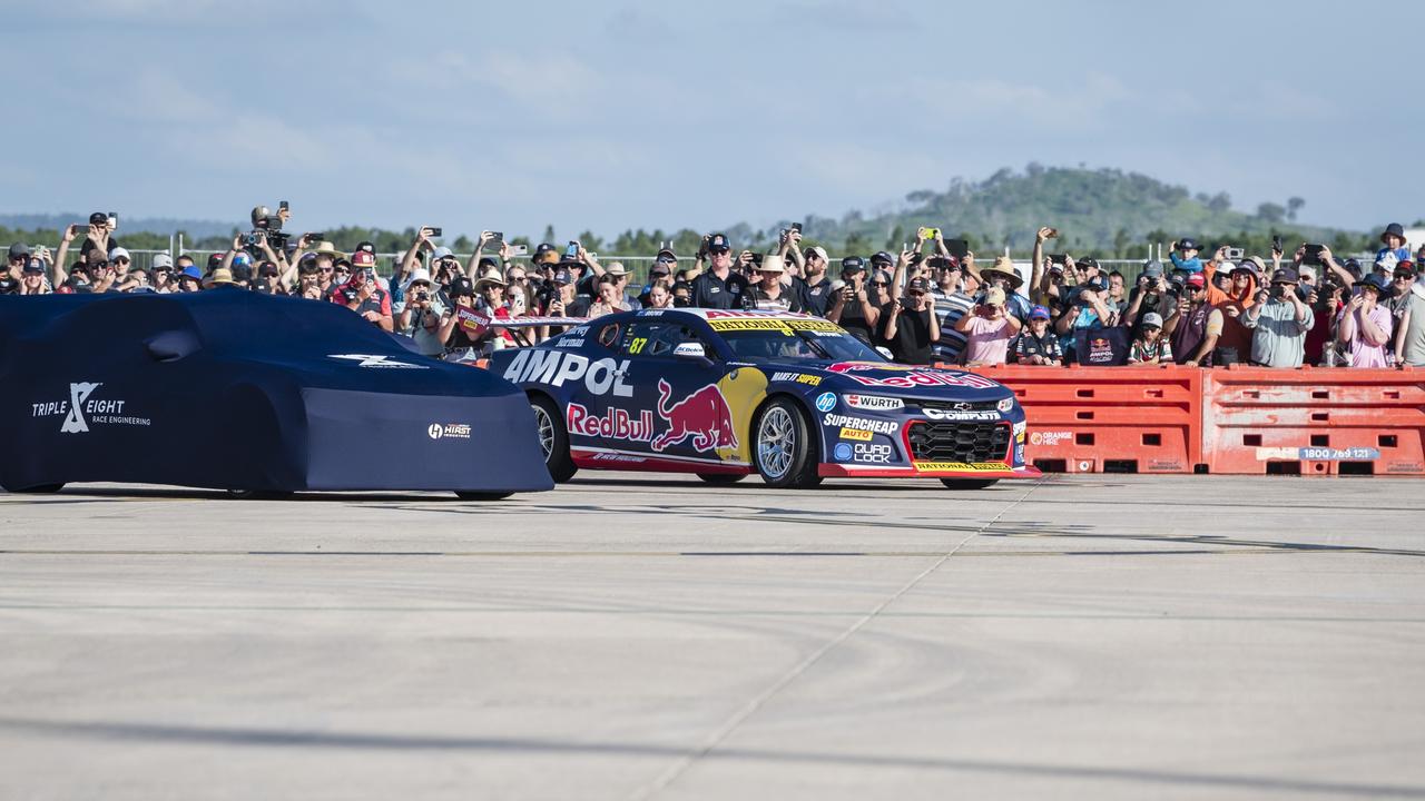 Broc Feeney drives a car revealing the 2024 livery of V8 Supercars team Red Bull Ampol Racing at Toowoomba Wellcamp Airport, Saturday, February 3, 2024. Picture: Kevin Farmer