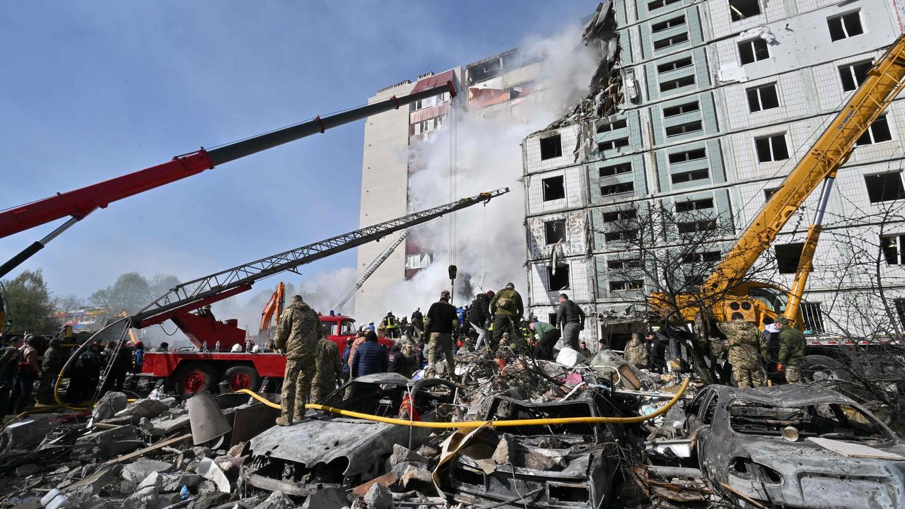 Rescuers were using cranes to search for survivors among the remains of the multistorey housing block in Uman, south of Kyiv on April 28, 2023. Picture: AFP.