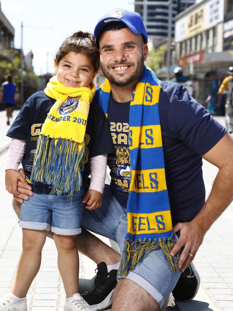 Ralph Gutherie and his daughter Tiarna soak in grand final week. Picture: Richard Dobson