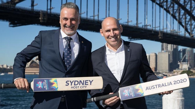 Cricket Australia chief executive Nick Hockley (right) with NSW sport minister John Sidoti in 2019. Picture: Mark Kolbe/Getty Images