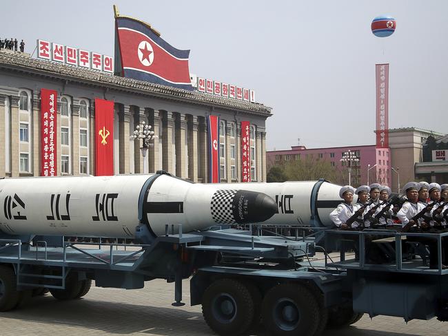 A submarine-launched ballistic missile is displayed in Kim Il Sung Square during a military parade on Saturday in Pyongyang. Picture: Wong Maye-E/AP