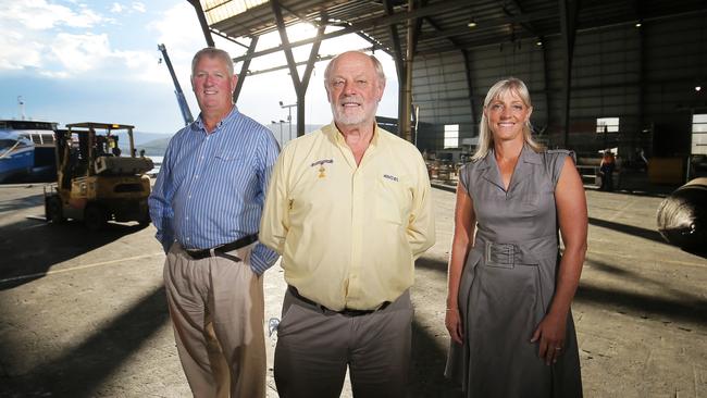 Craig, Robert (Bob) and Kim Clifford at Incat fro Sunday Tasmanian.