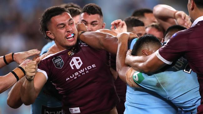 Tino Fa'asuamaleaui and Payne Haas had a blue in Origin 2 last year. Picture: Getty Images