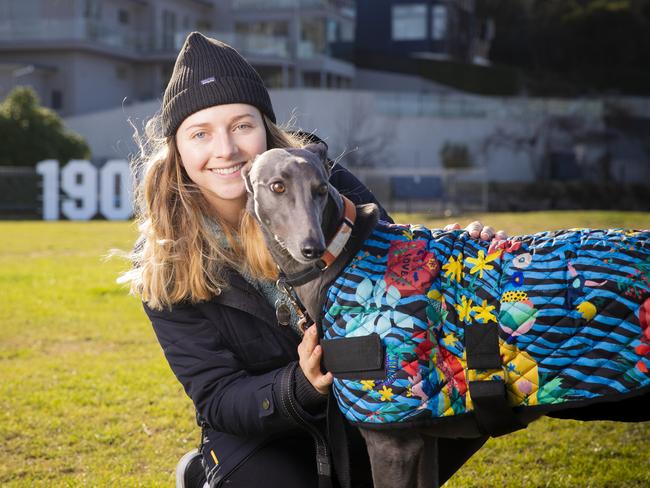 Morgan Pulcipher with her greyhound Misty, 3 who was adopted from Brightside. Picture: RICHARD JUPE