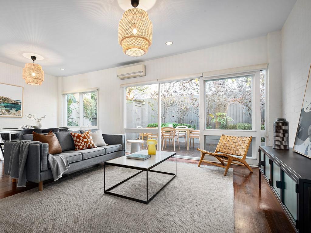 Ornate light fixtures in the living and dining space.