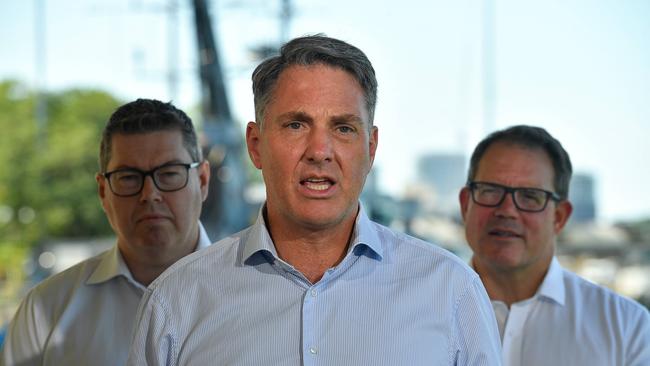 Deputy Prime Minister and Defence Minister Richard Marles and Defence Industry Minister Pat Conroy were in Darwin following the release of the Defence Strategic Review. They spoke at HMAS Coonawarra alongside Solomon MP Luke Gosling. Picture: Pema Tamang Pakhrin