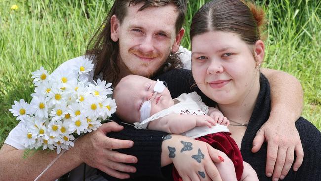 Best day of my life, parents Jeromy hart and Ebony Goddard with their tiny daughter Daisy, the state’s smallest premmie baby. Picture: Annette Dew