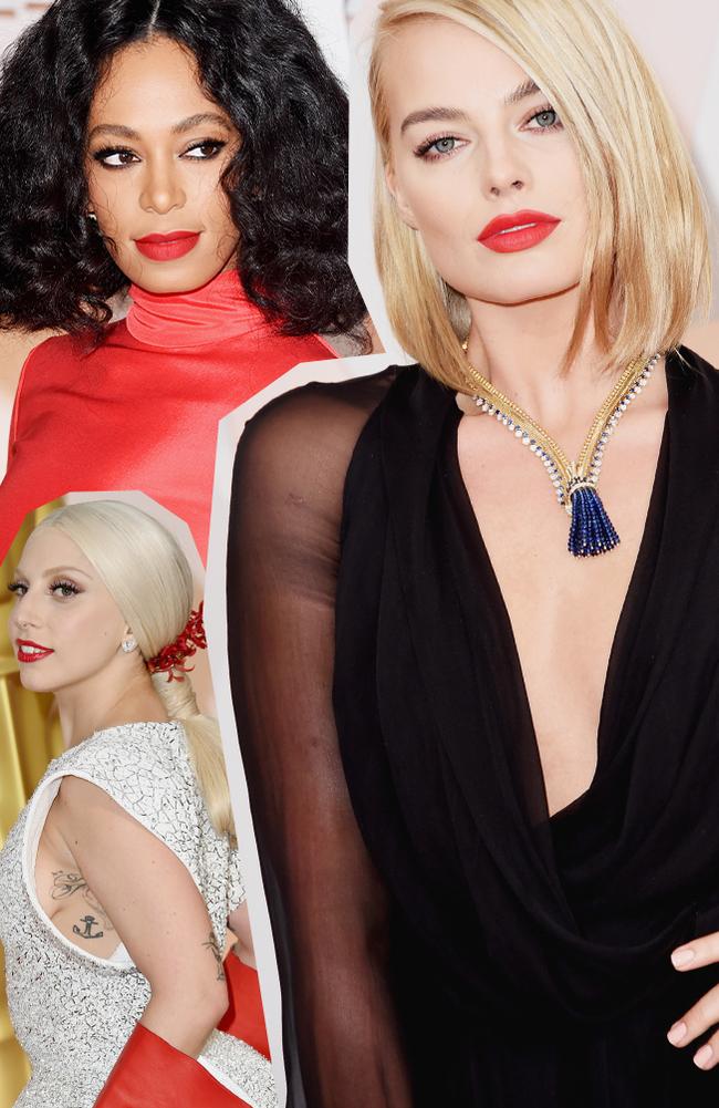 Lady Gaga, Solange Knowles and Margot Robbie at the Oscars 2015 red carpet. Picture: Getty