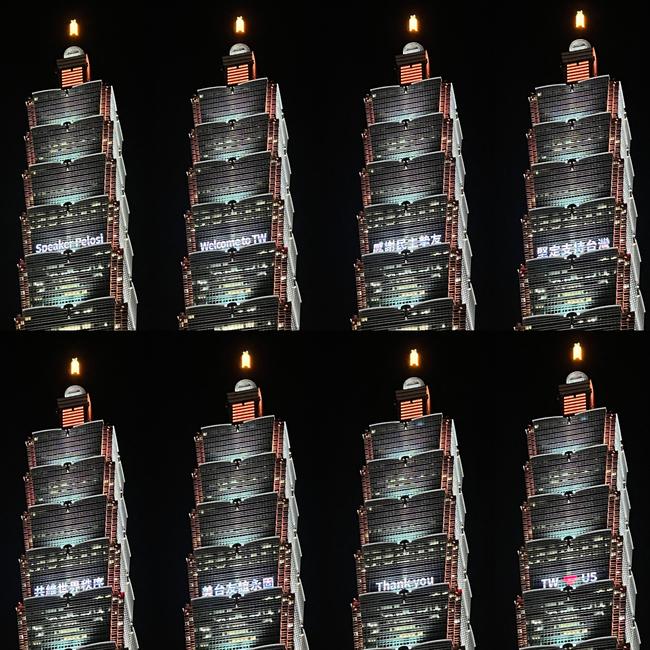 The facade of the 508m-high Taipei 101 commercial building welcomes Nancy Pelosi. Picture: AFP