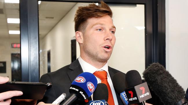 Toby Greene speaks to media after being given the all-clear to play in GWS’ semi-final. Picture: Michael Willson/AFL Photos via Getty Images.