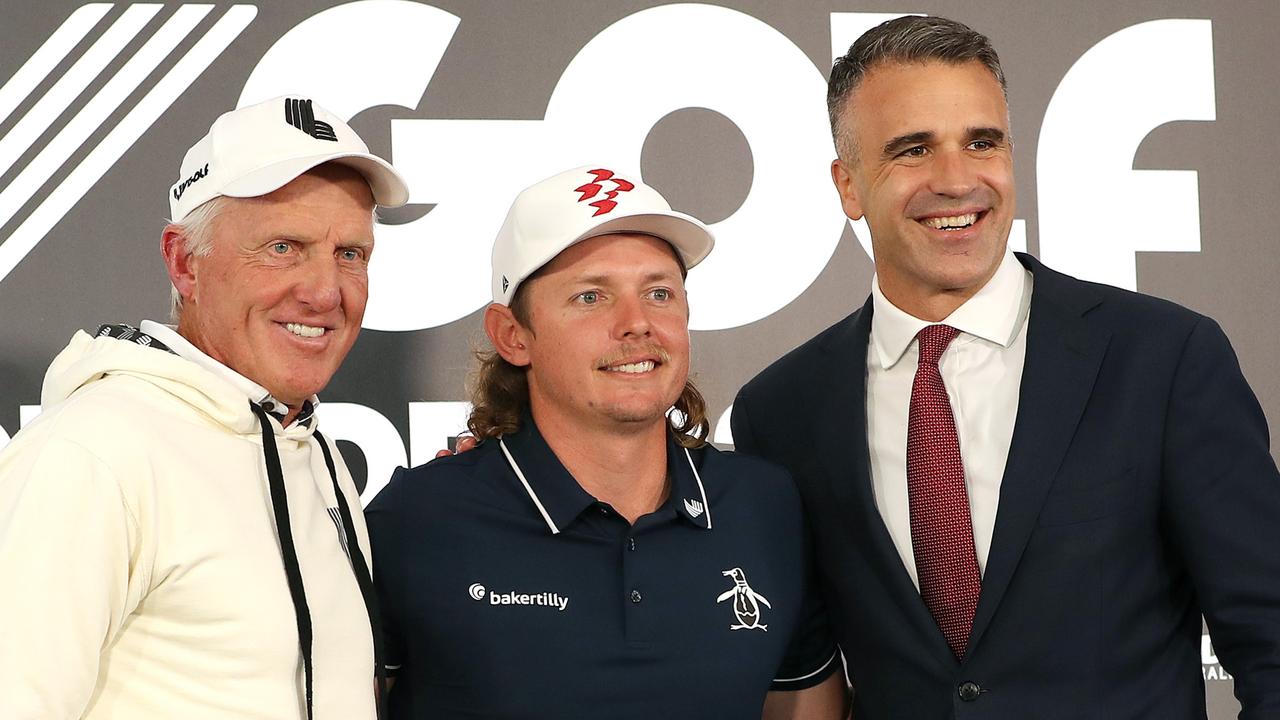 Premier Peter Malinauskas, right, with Greg Norman, Commissioner of LIV Golf (left) and golfer Cameron Smith. Picture: Sarah Reed/Getty Images