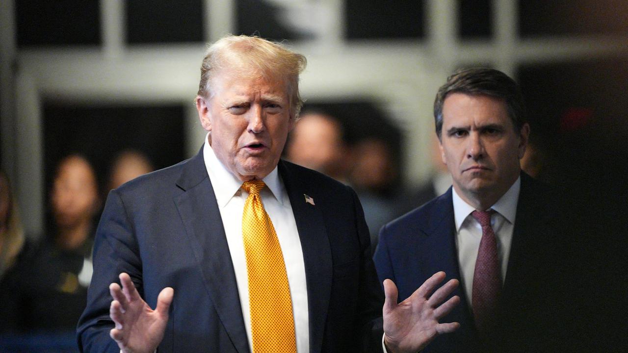 Former US President and Republican presidential candidate Donald Trump, with lawyer Todd Blanche (R), speaks to the press after the 12 jurors in his criminal trial began deliberating at Manhattan Criminal Court in New York City on May 29, 2024. (Photo by Curtis Means / POOL / AFP)