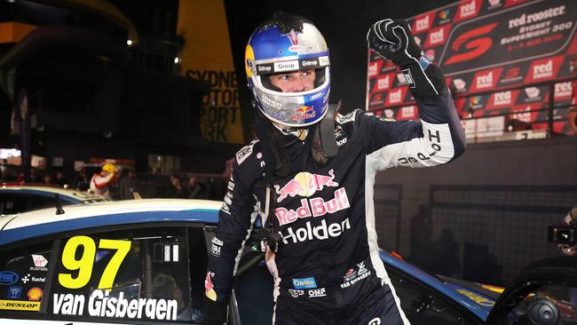 Shane van Gisbergen celebrates winning the Sydney SuperNight 300 race on Saturday. Picture: Tim Hunter