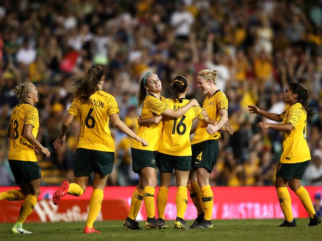 SYDNEY, AUSTRALIA - FEBRUARY 28: Hayley Raso of the Matildas celebrates kicking a goal with team mates during the Cup of Nations match between the Australian Matildas and New Zealand Football Ferns at Leichhardt Oval on February 28, 2019 in Sydney, Australia. (Photo by Cameron Spencer/Getty Images)