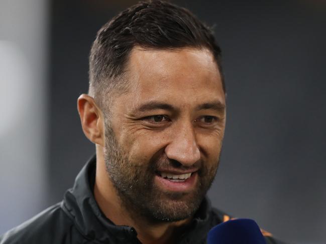 Tigers Benji Marshall is interviewed before the Wests Tigers v Parramatta NRL match at Bankwest Stadium, Parramatta. Picture: Brett Costello