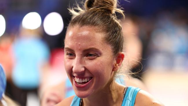 MELBOURNE, AUSTRALIA - JUNE 16:  Amy Parmenter of the Mavericks celebrates victory in the round 10 Super Netball match between Melbourne Mavericks and Queensland Firebirds at John Cain Arena on June 16, 2024 in Melbourne, Australia. (Photo by Graham Denholm/Getty Images)