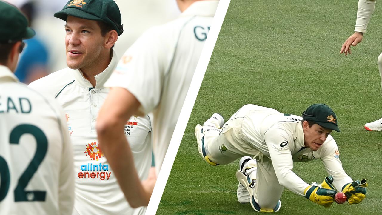 Tim Paine's near misses: a failed review and a tough leg-side chance.