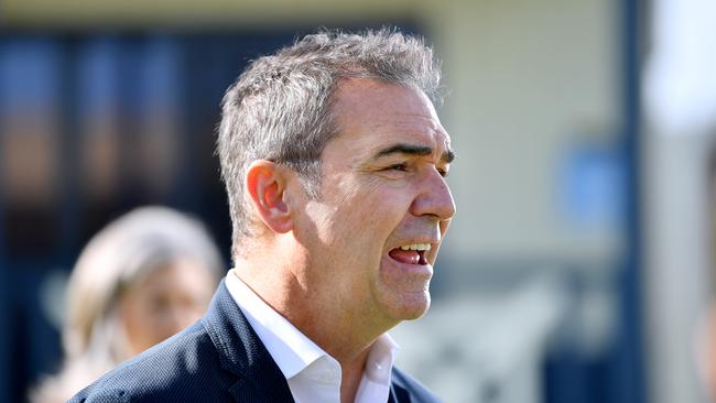 Premier Steven Marshall speaks to media at Discovery Parks Adelaide Beachfront at Semaphore with chief public health officer professor Nicola Spurrier and CEO of Discovery Park Grant Wilckens. Picture Mark Brake