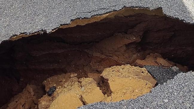 The first stage of the sinkhole on Gooramadda Road, Rutherglen, which grew dramatically in the space of one day.