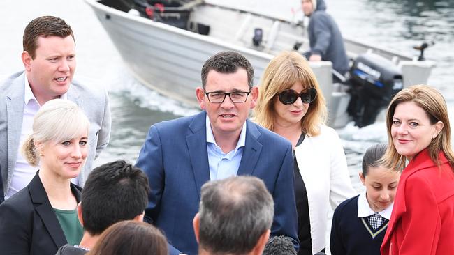 Premier Daniel Andrews at Mordialloc Pier during the 2018 election campaign, promising to deliver every cent of boaters fees and registration to ramp upgrades and boat safety.