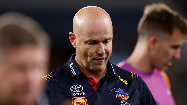 ADELAIDE, AUSTRALIA - APRIL 04: Matthew Nicks, Senior Coach of the Crows looks on during the 2024 AFL Round 04 match between the Adelaide Crows and the Melbourne Demons at Adelaide Oval on April 04, 2024 in Adelaide, Australia. (Photo by Michael Willson/AFL Photos via Getty Images)