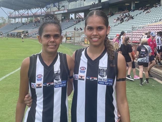 Tatyana Perry, with her mother Hayley Davey, kicked three goals on debut in Women's Premier League. Picture: Ben Cameron.