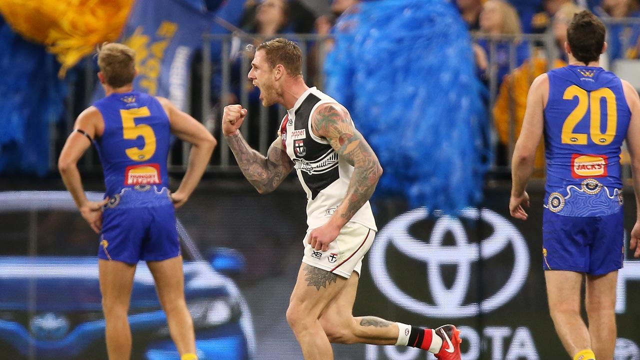Tim Membrey of the Saints celebrates a goal on the weekend.