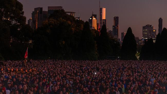 The sun rises over Melbourne as crowds honour Anzac heroes at the Shrine of Remembrance. Picture: Getty Images