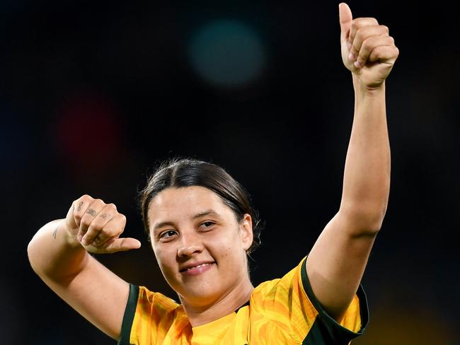 Sam Kerr of the Matildas celebrates a win during the Women's World Cup. Picture: Steven Markham/Icon Sportswire via Getty Images