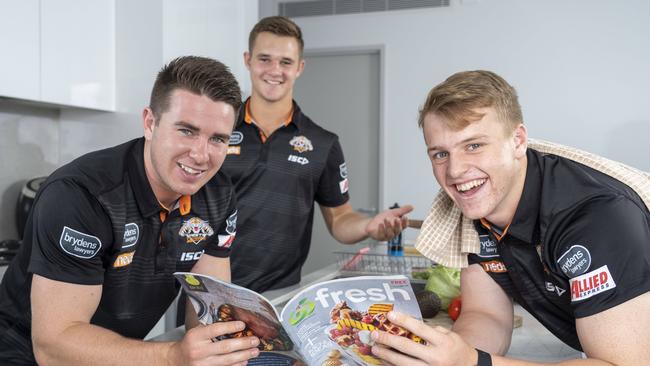 Young Wests Tigers teammates Jock Madden, Jake Simpkin and Reece Hoffman living together in a share house at Lidcombe, taken in February. Picture: AAP/Matthew Vasilescu