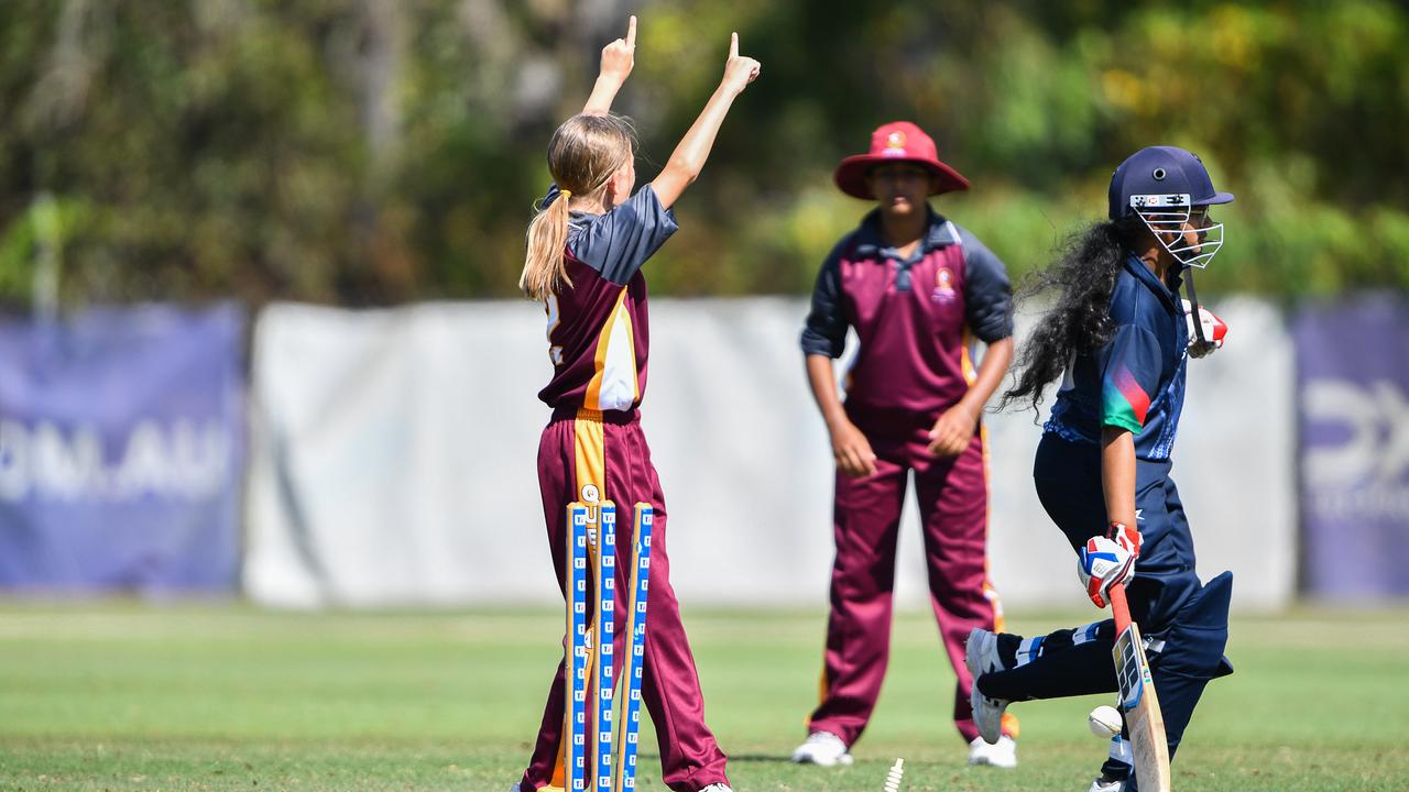 Players in action at the Under-12 cricket national championships in Darwin, Northern Territory. VIC U12 Girls Vs QLD U12 Girls White at DXC Arena, Marrara. Picture: Pema Tamang Pakhrin