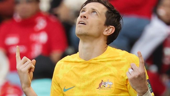 DOHA, QATAR - JANUARY 28: Craig Goodwin of Australia celebrates after scoring his team's third goal during the AFC Asian Cup Round of 16 match between Australia and Indonesia at Jassim Bin Hamad Stadium on January 28, 2024 in Doha, Qatar. (Photo by Lintao Zhang/Getty Images)