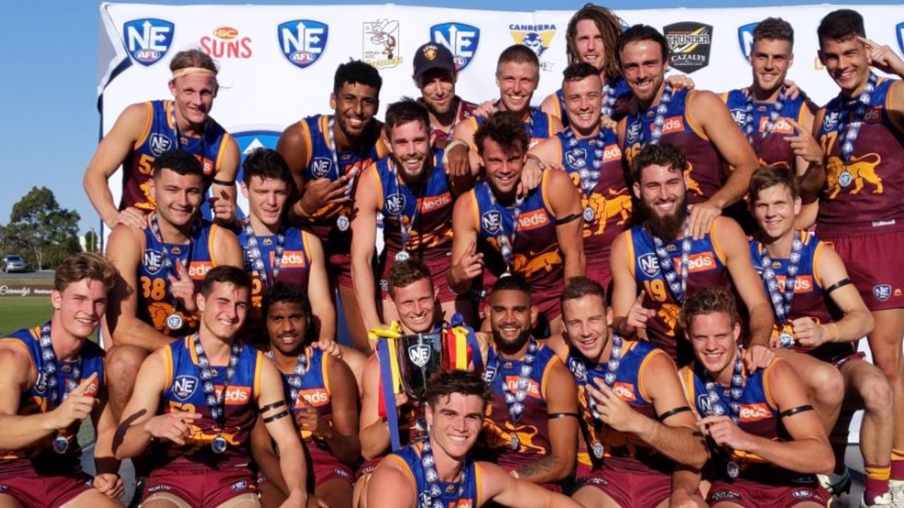 The Brisbane Lions celebrate winning the 2019 NEAFL premiership. Photo via @neaflofficial on Twitter.